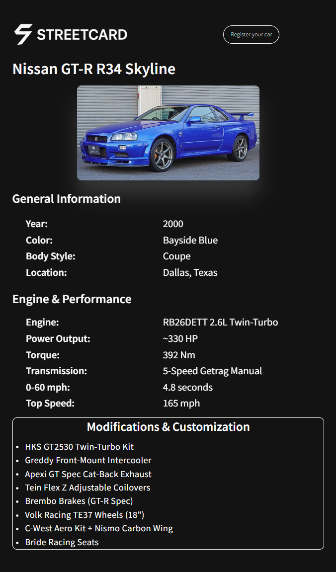 A tuned car showcased on its Garage Streetcard profile